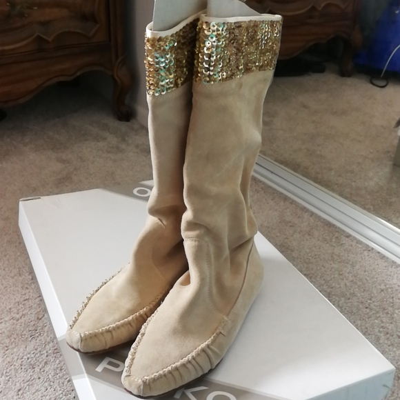 PINKO Beige Suede Leather Knee High Boots with Gold Sequin Cuffs – Boho Chic - Picture 1 of 10